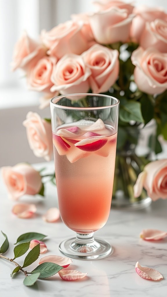 A refreshing Fruity Arbor Rose Infusion drink with rose petals, set against a backdrop of pink roses.