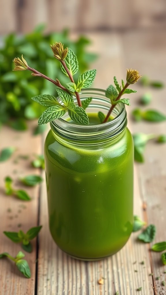 A refreshing green herbal juice in a jar with mint leaves