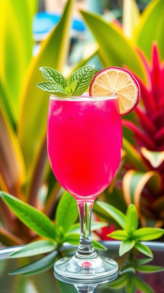 A vibrant pink juice made from dragonfruit, garnished with mint and lemon, surrounded by fresh dragonfruit and tropical plants.
