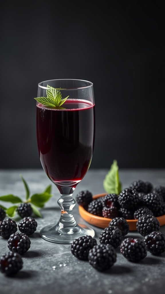A glass of dark berry juice garnished with mint, surrounded by fresh blackberries.