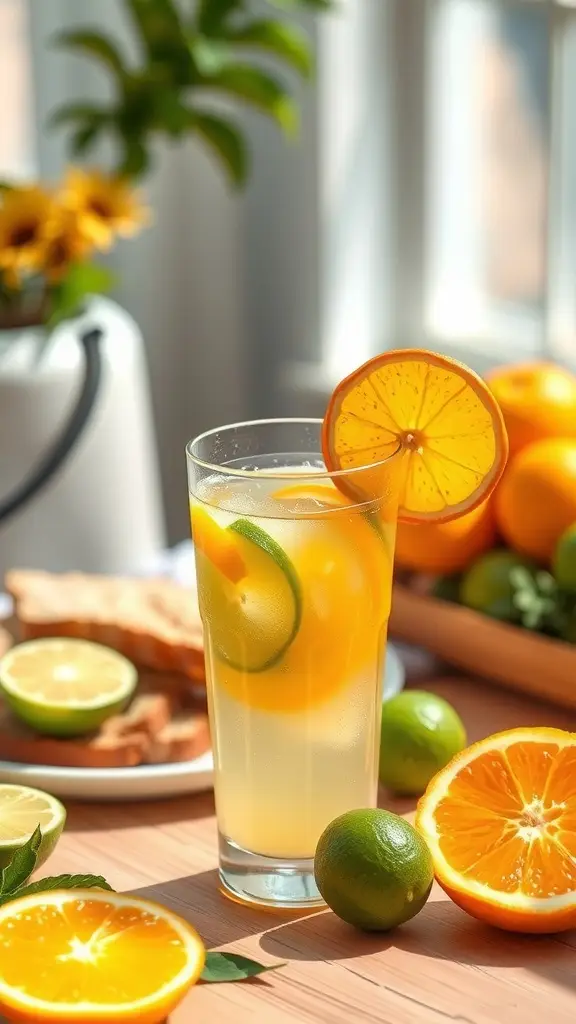 A refreshing glass of Citrus Sunrise Potion with orange and lime slices, surrounded by fresh citrus fruits.