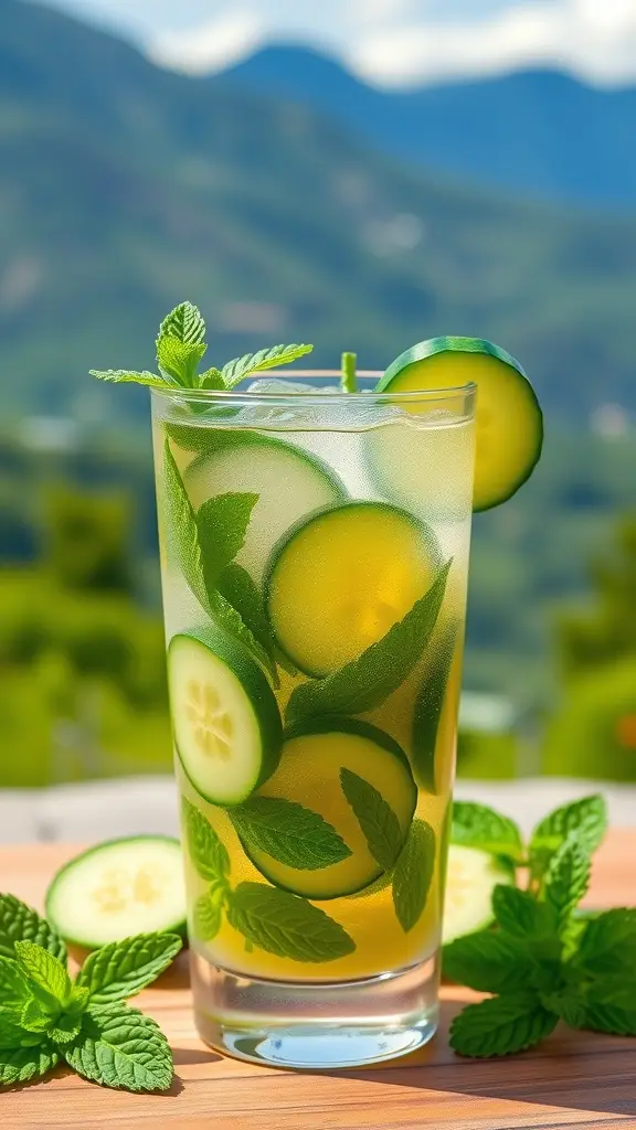 A refreshing Herbal Mountain Mint Cooler with cucumber slices and mint leaves, set against a scenic mountain backdrop.