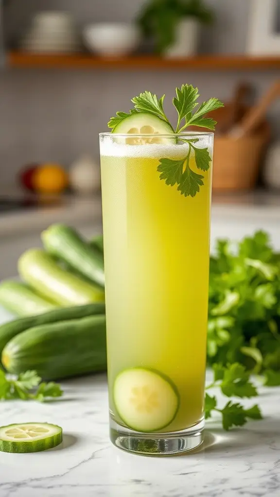 A refreshing cucumber juice in a tall glass, garnished with cucumber slices and parsley, with cucumbers in the background.