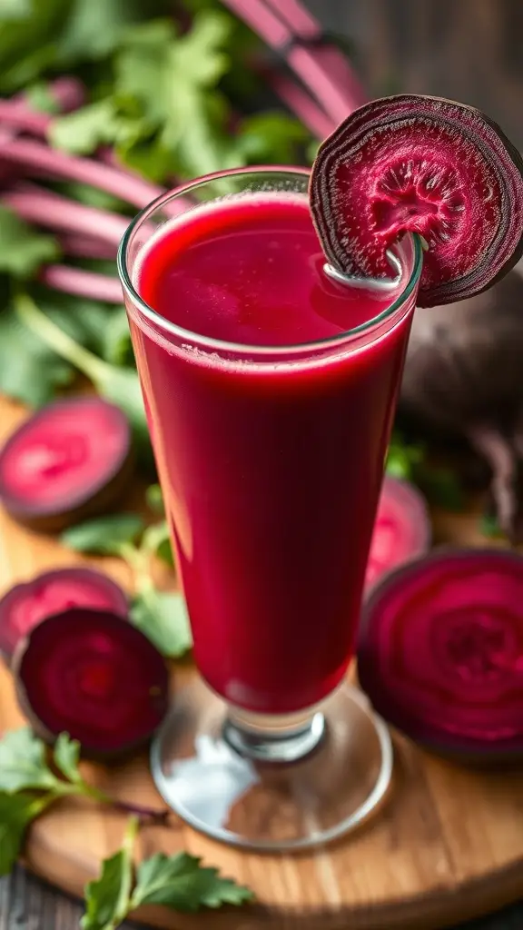 A glass of vibrant beetroot juice garnished with a slice of beet, surrounded by fresh beetroot slices and leafy greens.