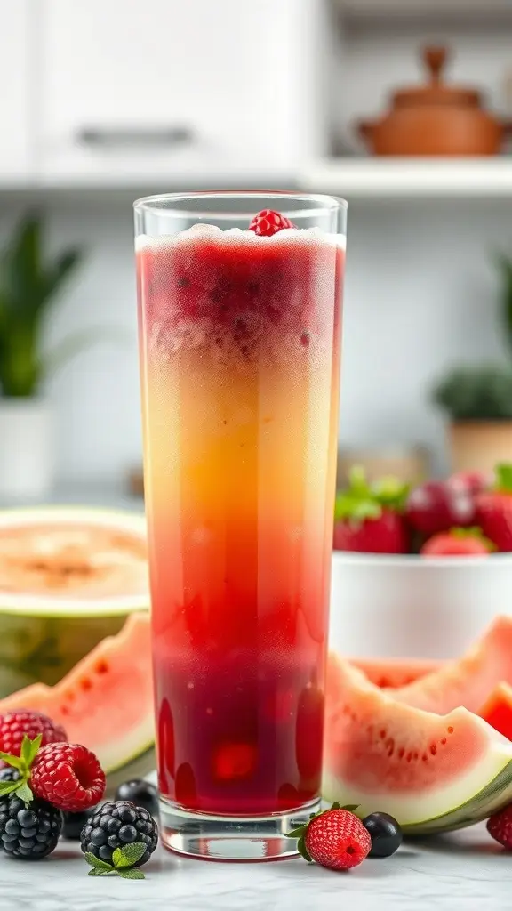 A refreshing Mellow Melon and Berry Blend juice in a tall glass, garnished with berries, surrounded by watermelon and mixed berries.