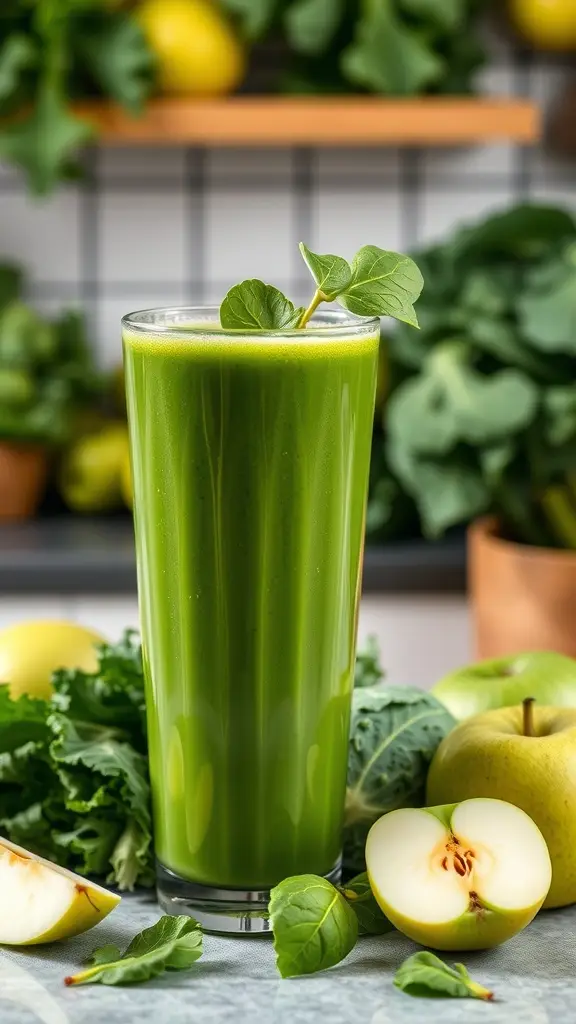 A tall glass of green juice surrounded by fresh ingredients like kale, apples, and mint.