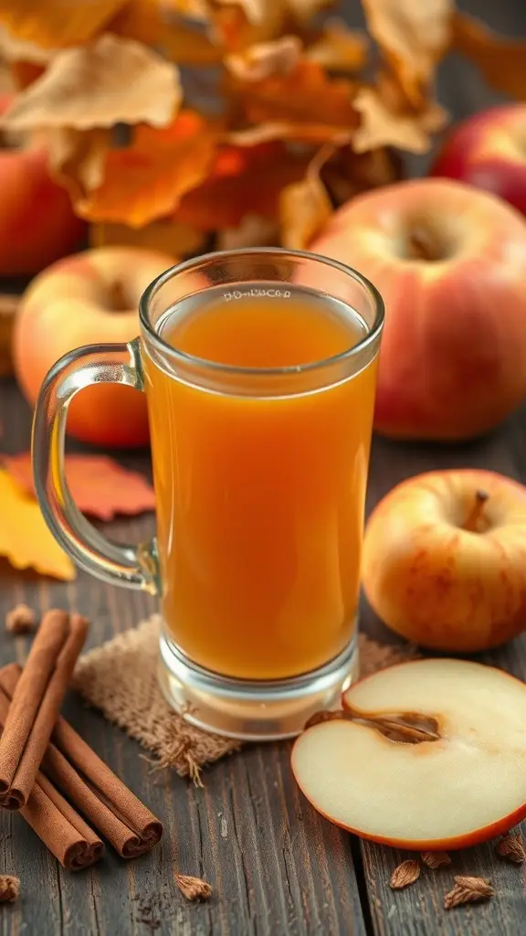 A glass of warm apple cider surrounded by fresh apples and cinnamon sticks.