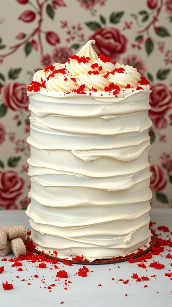 A tall red velvet layer cake with cream cheese frosting, decorated with red velvet crumbs on top.