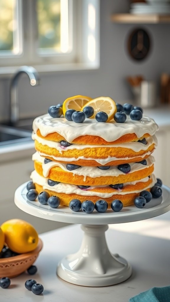 A tiered lemon zest and blueberry cake decorated with fresh blueberries and lemon slices.