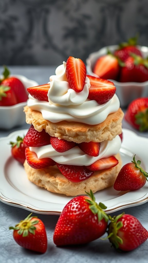 A beautiful layered strawberry shortcake topped with whipped cream and fresh strawberries.