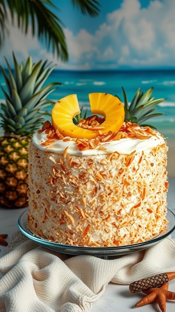 A beautifully decorated coconut cake with pineapple filling, topped with pineapple slices and surrounded by toasted coconut flakes.