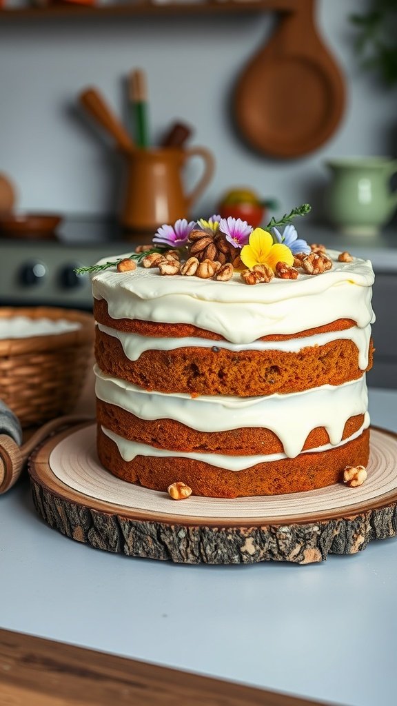 A beautifully layered carrot cake with cream cheese frosting, topped with flowers and walnuts.