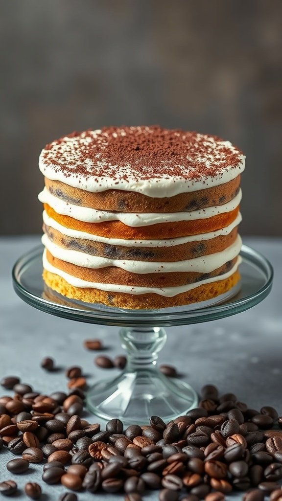 A beautifully layered tiramisu cake with coffee beans scattered around