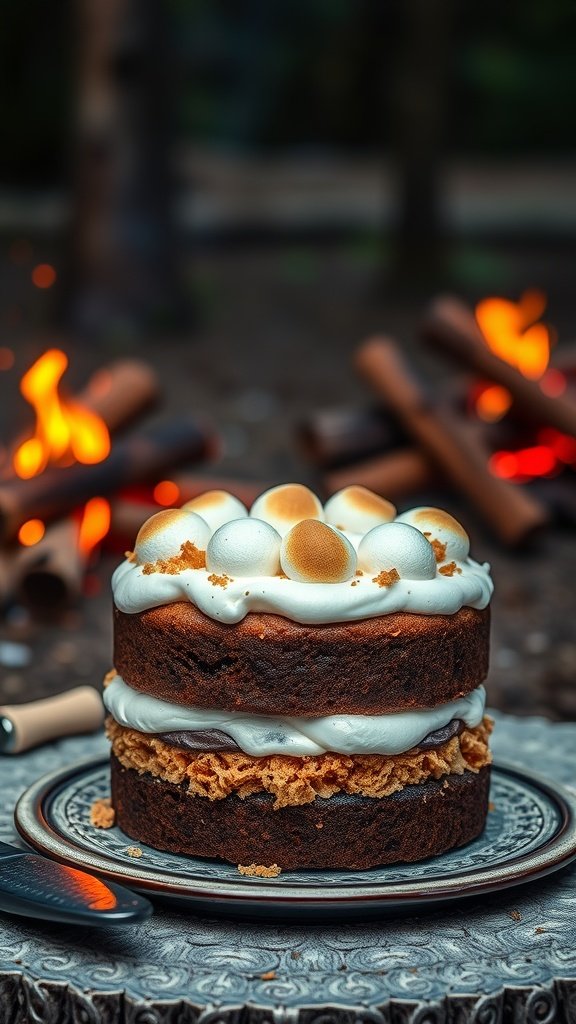 A beautifully layered S'mores cake with toasted marshmallow frosting, set against a backdrop of a cozy campfire.