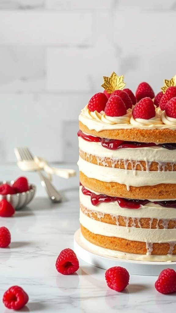 A beautifully layered vanilla bean cake with raspberry jam, topped with fresh raspberries and decorative leaves.