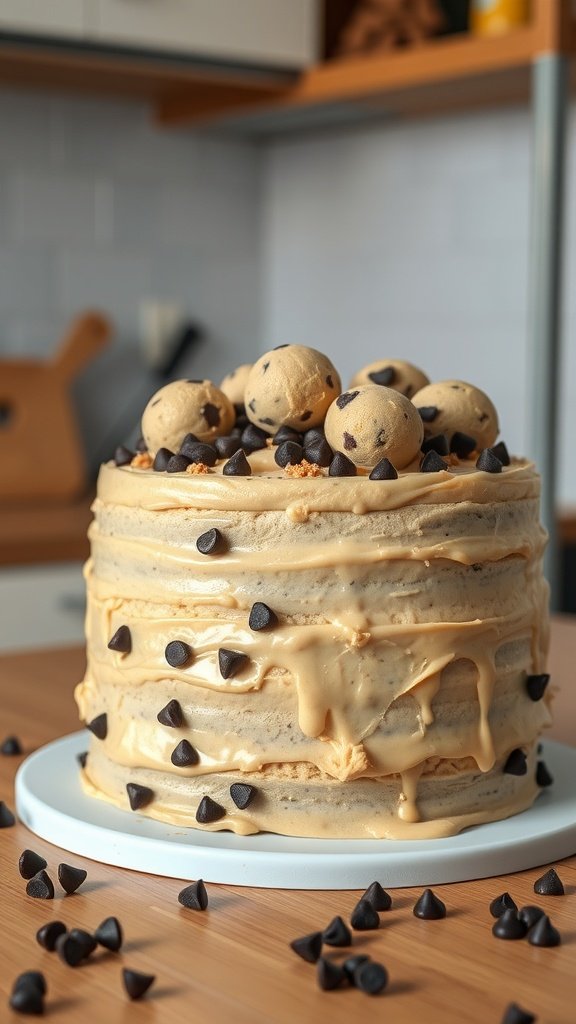 A beautifully layered Chocolate Chip Cookie Dough Layer Cake topped with cookie dough balls and chocolate chips.