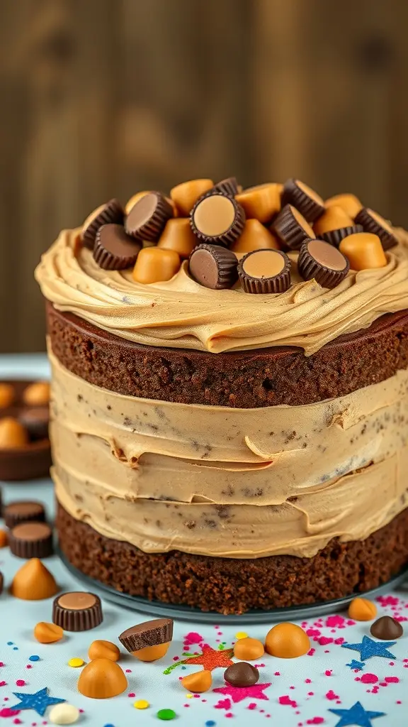 A beautifully decorated peanut butter cup cake with layers of chocolate cake and creamy frosting, topped with peanut butter cups.