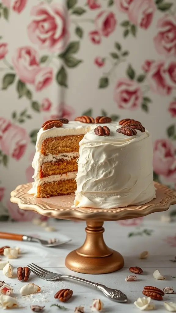 A beautifully layered Italian Cream Cake with nuts and coconut, displayed on a golden cake stand.