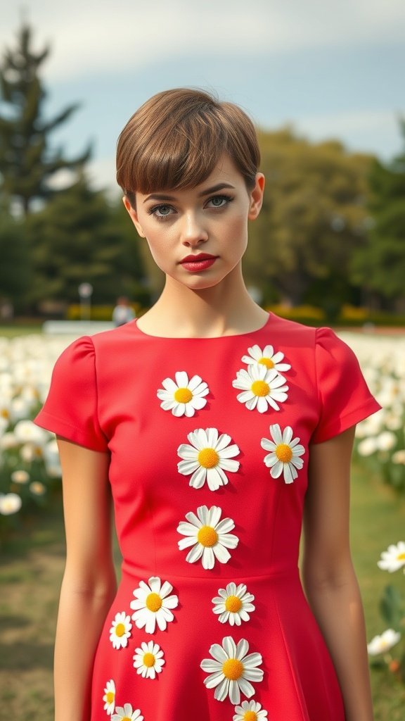 A young woman in a red dress with daisies, embodying 1960s fashion vibes.