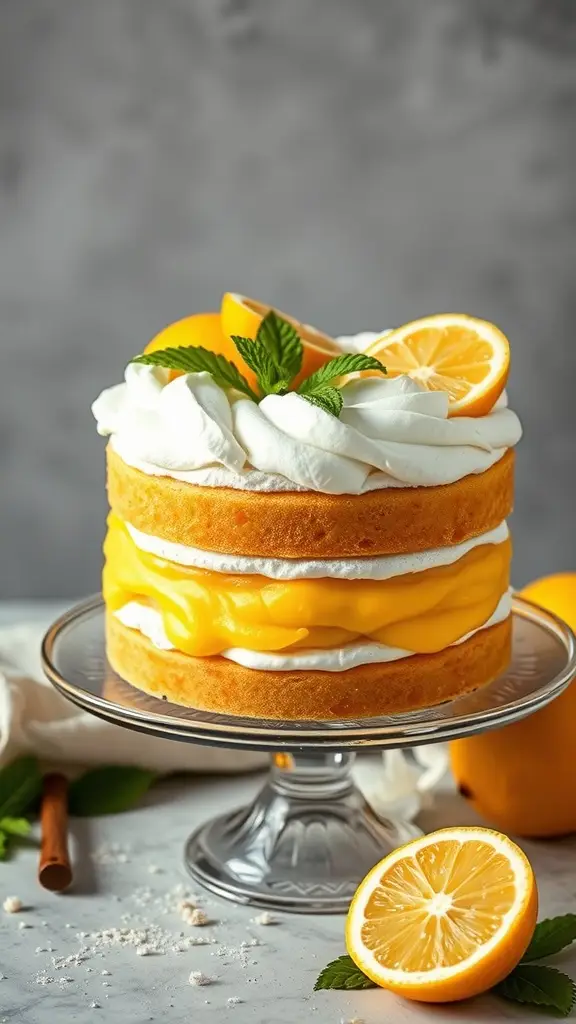 A beautifully layered lemon meringue cake topped with whipped cream and garnished with lemon slices and mint leaves.