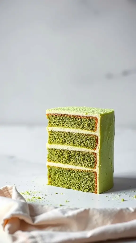 A slice of Gourmet Matcha Green Tea Layer Cake showcasing its vibrant green layers and smooth frosting.