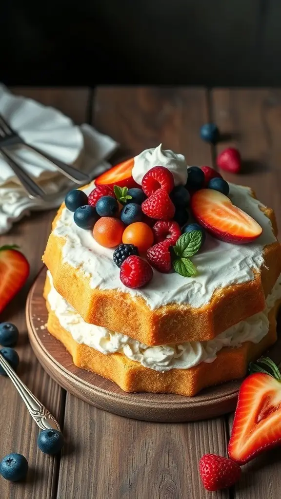Fluffy angel food cake topped with seasonal fruits and whipped cream on a wooden table.