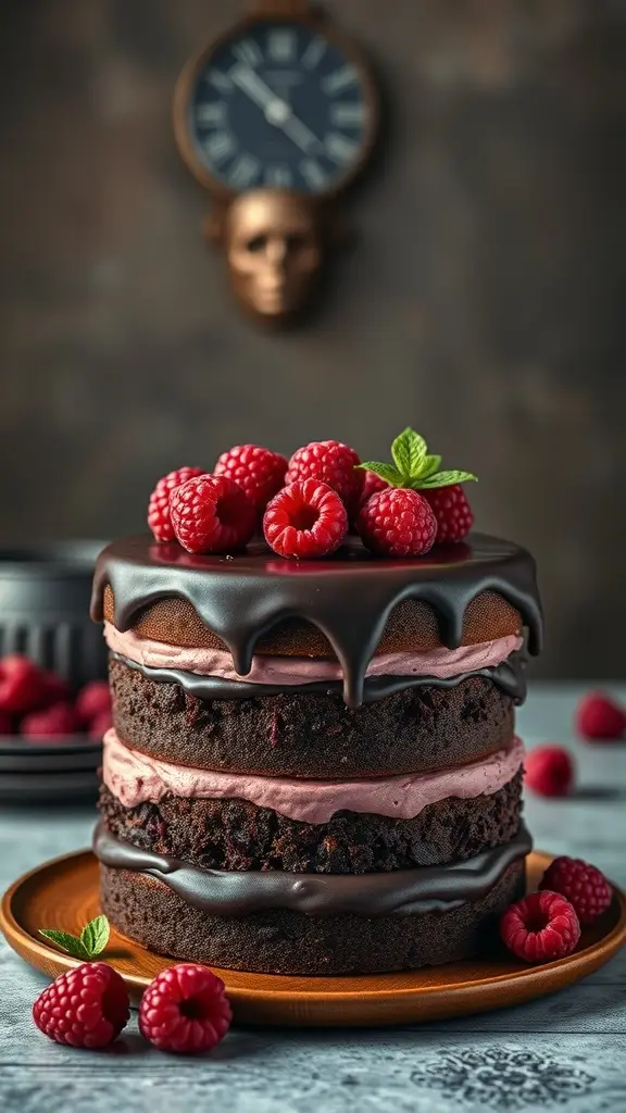 A beautiful three-layer chocolate raspberry cake topped with ganache and fresh raspberries.