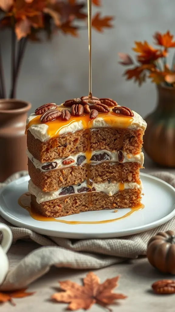 A beautifully layered Nutty Maple Pecan Cake with syrup drizzling on top and pecans adorning the surface.