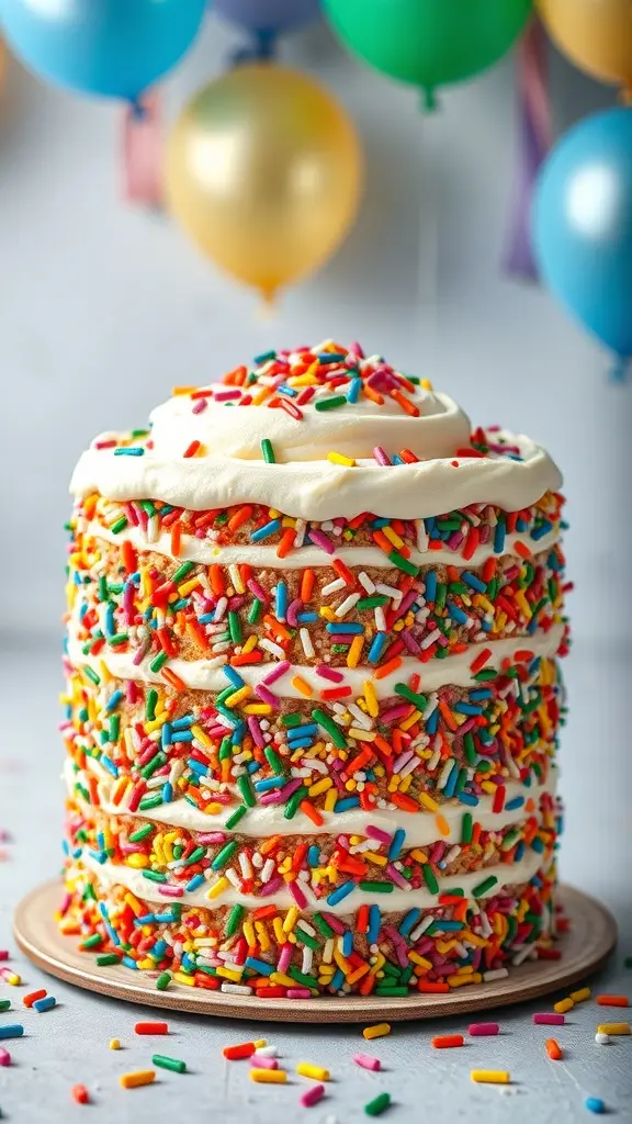 A colorful funfetti cake decorated with sprinkles, set against a festive background with balloons.