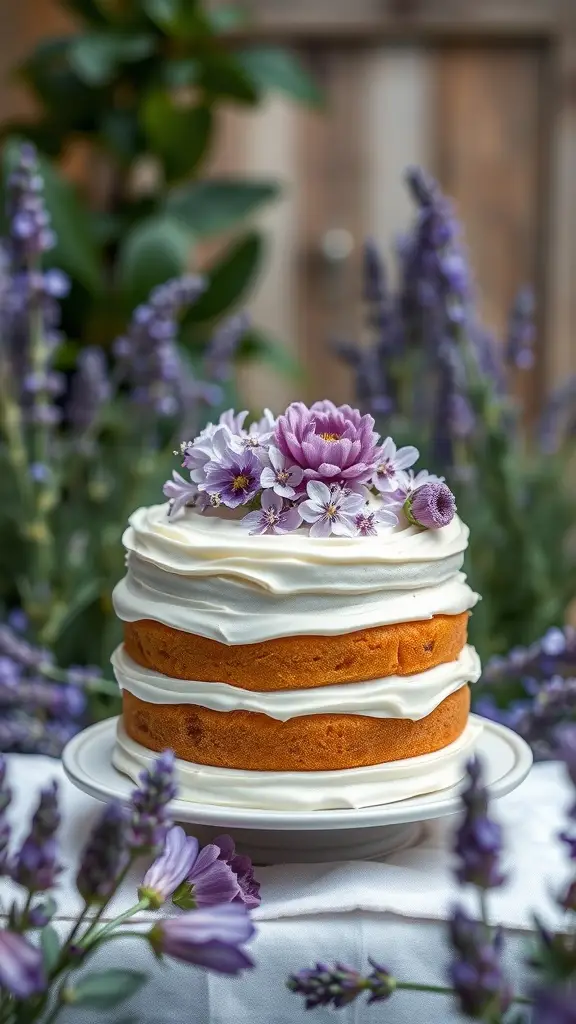 A beautiful Lavender Honey Cake decorated with flowers, set against a backdrop of lavender plants.