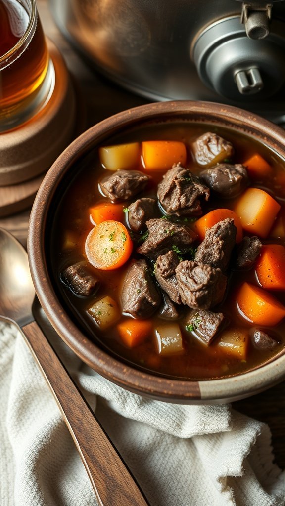 A hearty bowl of beef stew with carrots and potatoes, accompanied by a glass of ale.