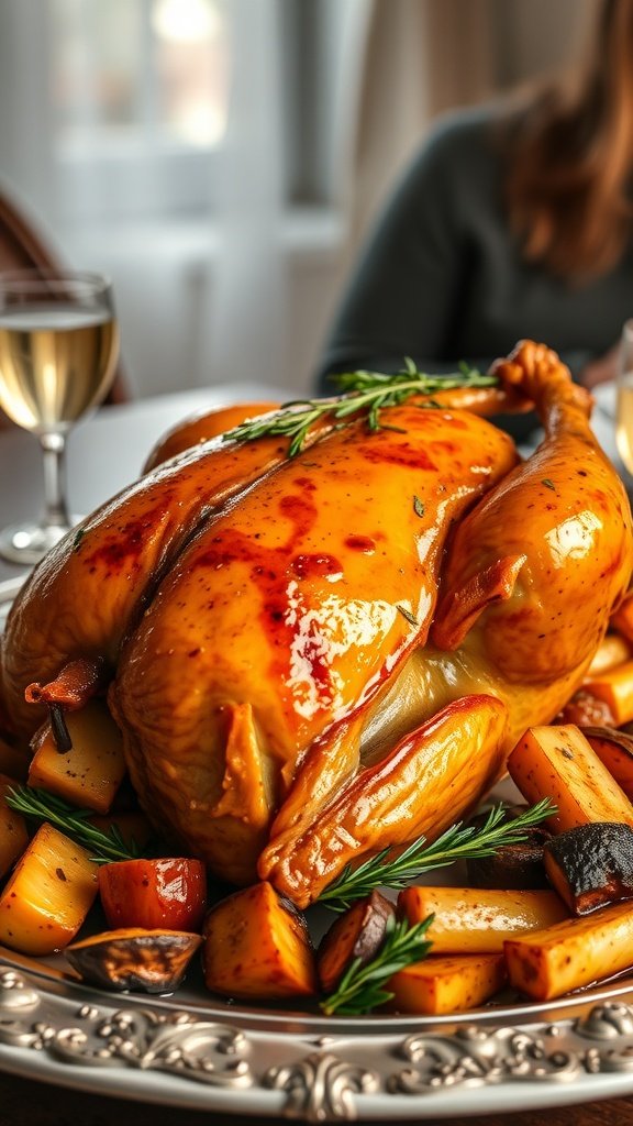 A beautifully roasted chicken with a golden lager glaze served with root vegetables.