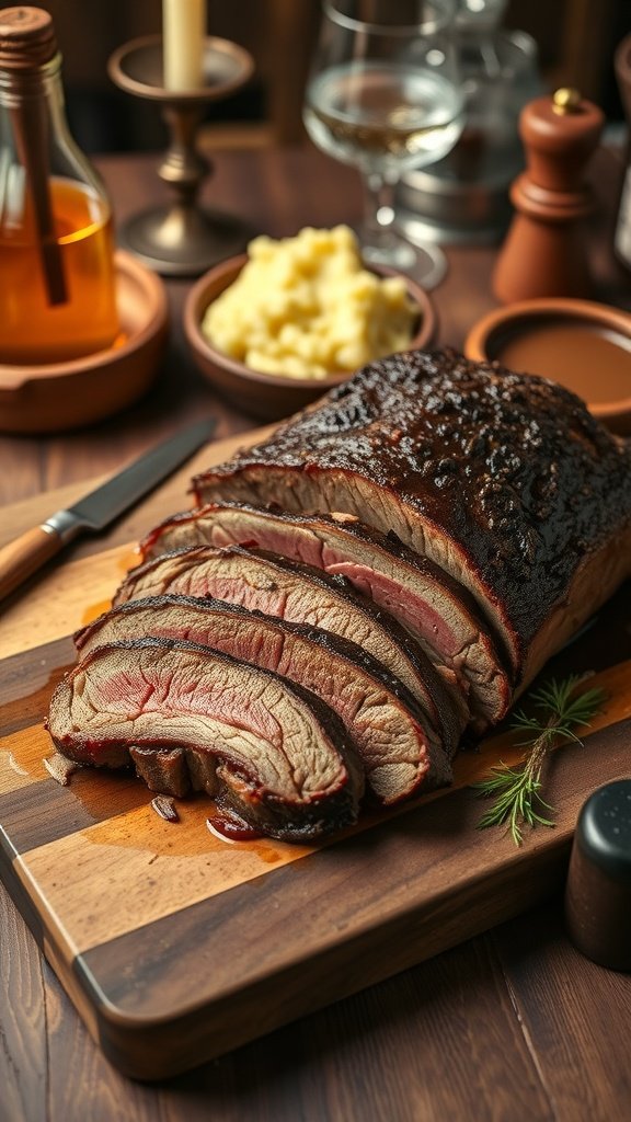 A beautifully sliced beer-braised brisket on a wooden cutting board, surrounded by mashed potatoes and garnished with herbs.