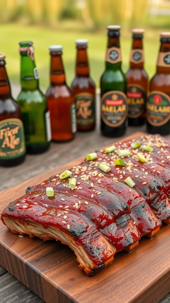 Delicious BBQ ribs glazed with sauce and garnished with green onions, surrounded by various beer bottles.