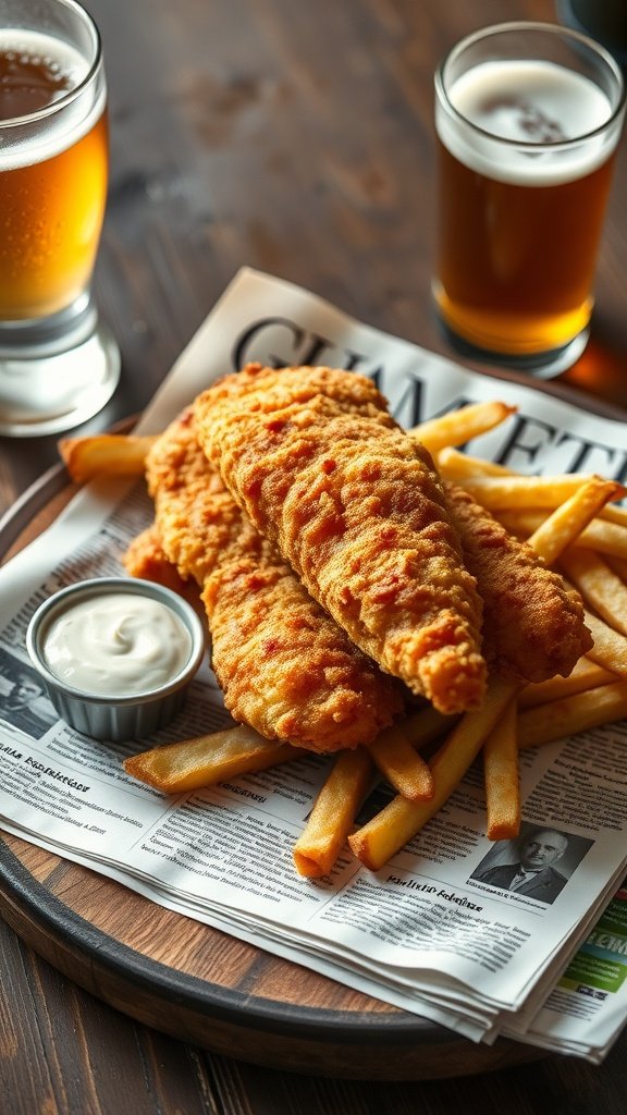 A plate of beer-battered fish and chips served with fries and tartar sauce, alongside glasses of beer.