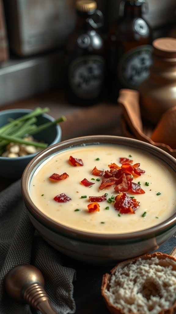 A bowl of rich and creamy beer cheese soup topped with crispy bacon and chives, with beer bottles and green onions in the background.