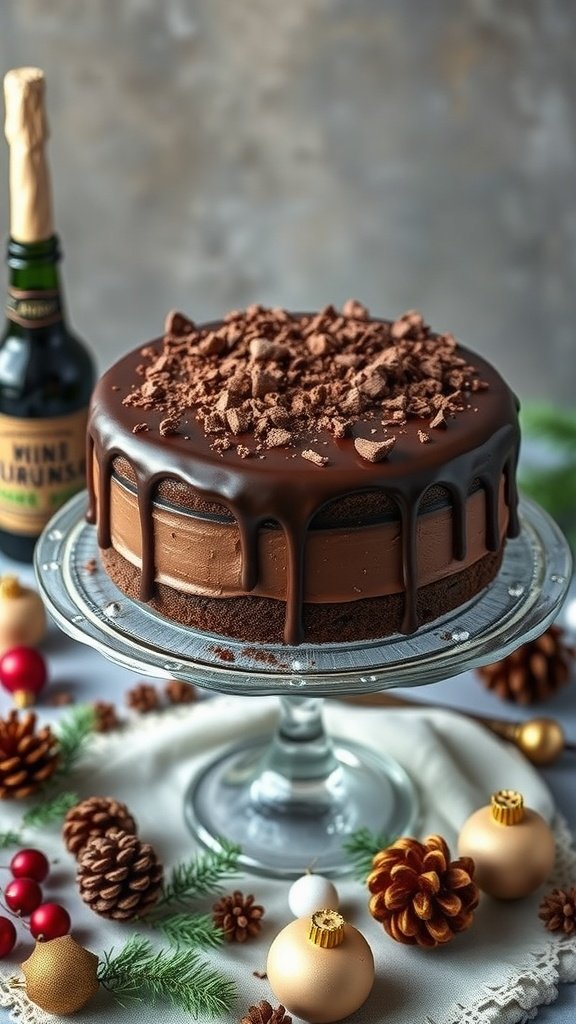 A beautifully decorated chocolate stout cake with a glossy ganache, surrounded by festive decorations.