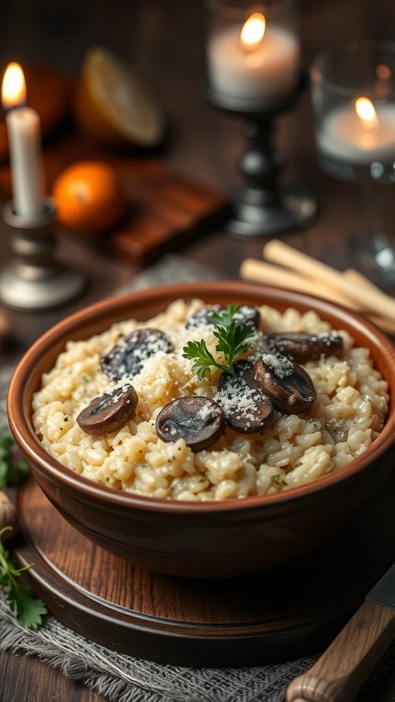 A bowl of creamy mushroom risotto garnished with parsley, set against a cozy candlelit background.