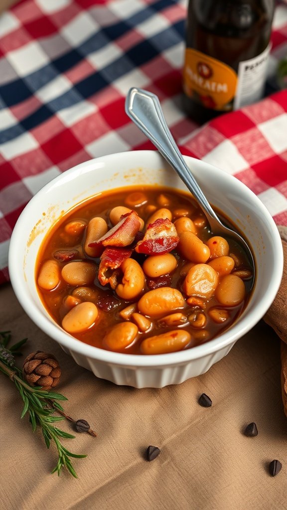 A bowl of beer-infused baked beans topped with bacon, set on a checkered tablecloth.