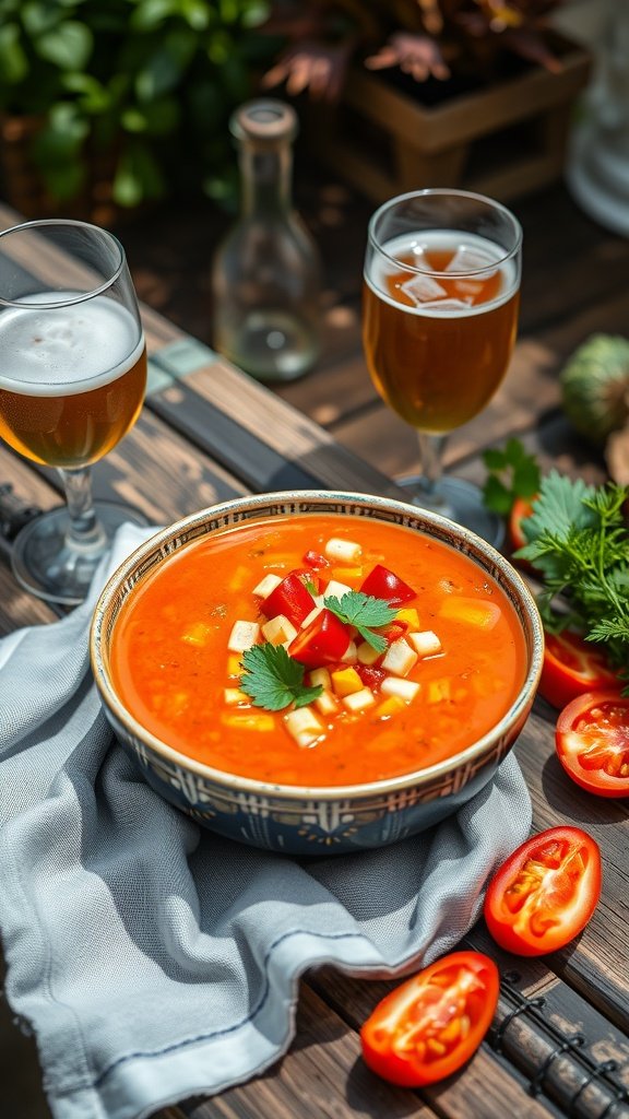 A bowl of beer-infused gazpacho garnished with diced vegetables and herbs, accompanied by glasses of beer.