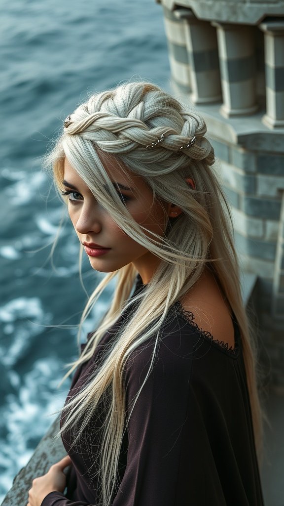 A woman with a Stormborn Twist hairstyle, featuring a braid, standing near a castle by the sea.