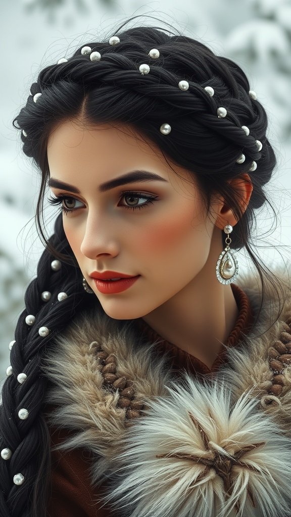 A young woman with a braided hairstyle adorned with pearls and silver accents, set against a snowy landscape.