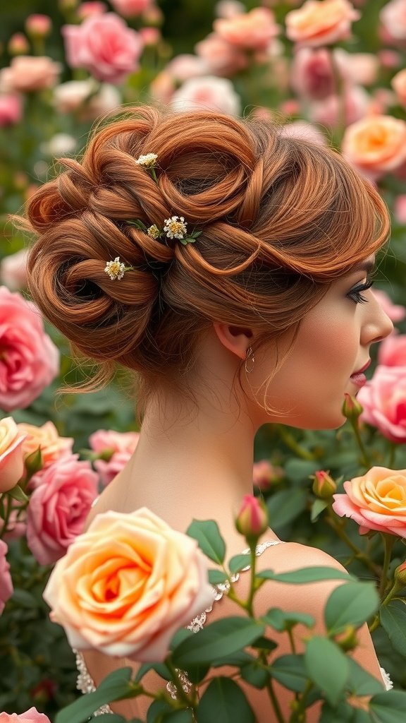 A woman with a beautiful spiral hairstyle adorned with flowers, set against a backdrop of blooming roses.