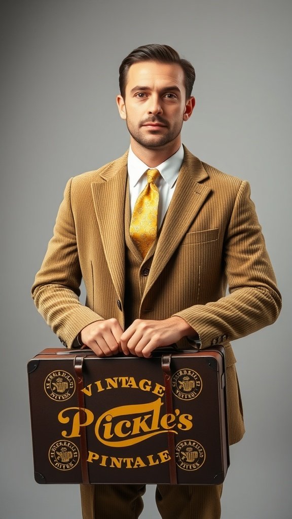 A stylish man in a vintage suit holding a suitcase that says 'Vintage Pickle's Pintale.'