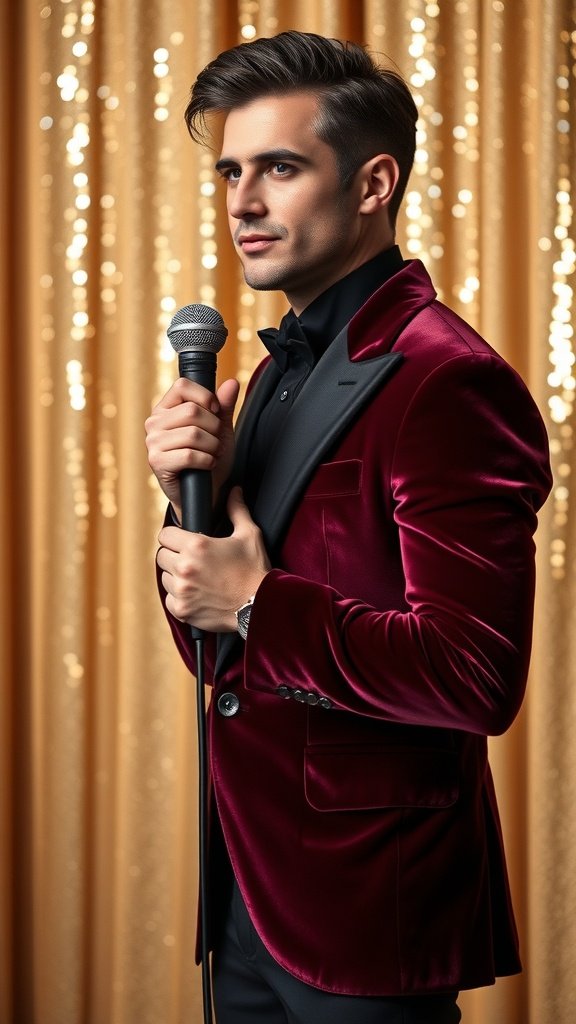 A stylish performer in a crimson velvet blazer holding a microphone against a golden backdrop.