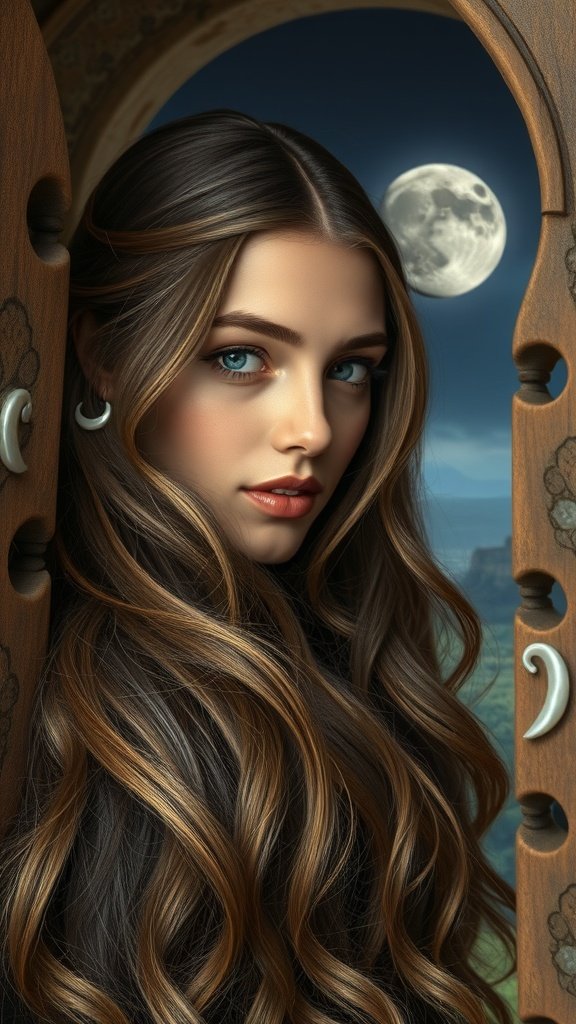 A woman with long, wavy hair styled elegantly, set against a moonlit castle backdrop.