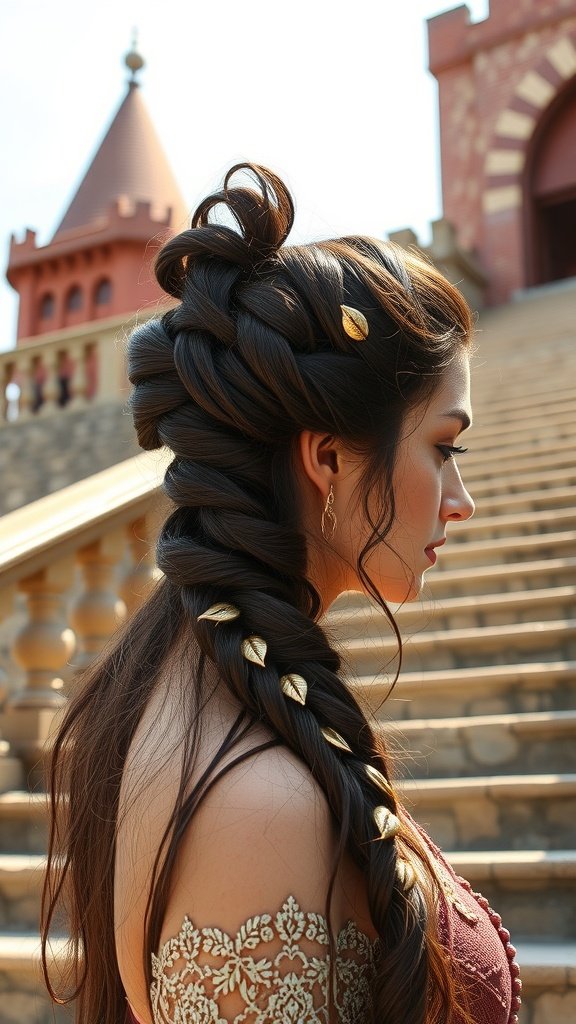 A woman with a beautifully styled braid and soft waves, adorned with delicate hairpins, standing in front of a castle staircase.