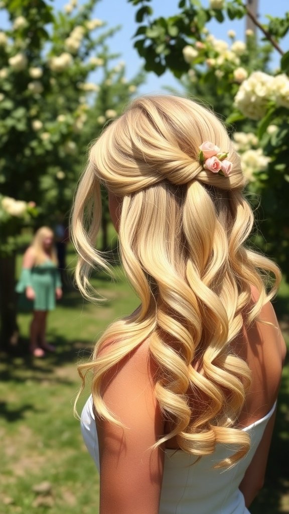 A woman with golden ringlet hairstyle adorned with a rose, standing in a blooming orchard.