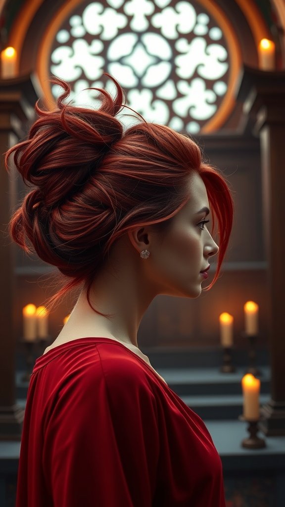 A woman with intricate braids and a bun hairstyle, set against a candlelit backdrop.