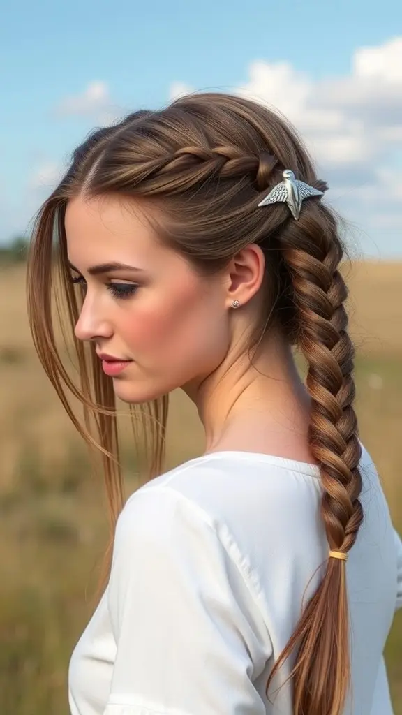 A young woman with a half-up hairstyle featuring a braid, set against a natural background.